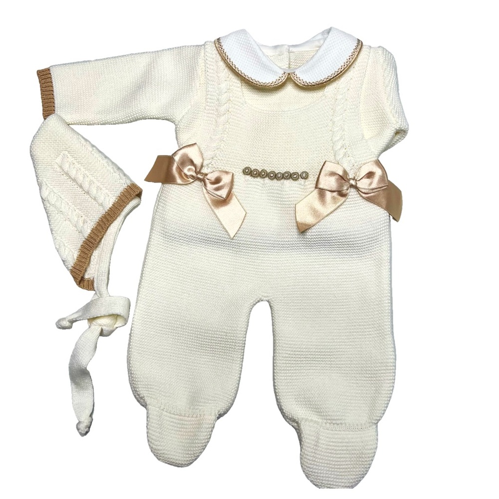 Cream Knit Baby Outfit with Bow Accents